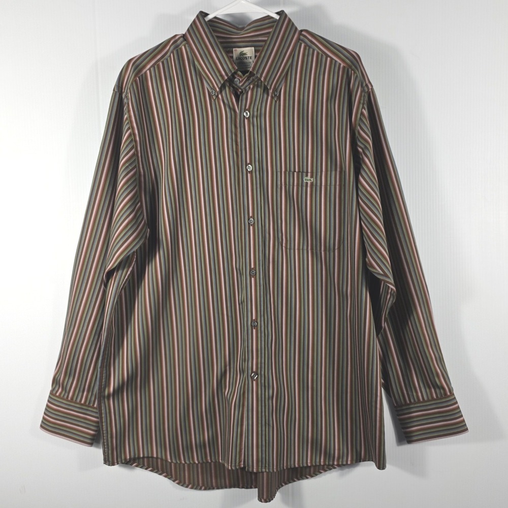 Lacoste Mens Brown Multi Color Striped Long Sleeve Button Down Shirt Size 45 XL - Picture 2 of 10